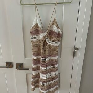 Striped Crochet Dress in Tan and White